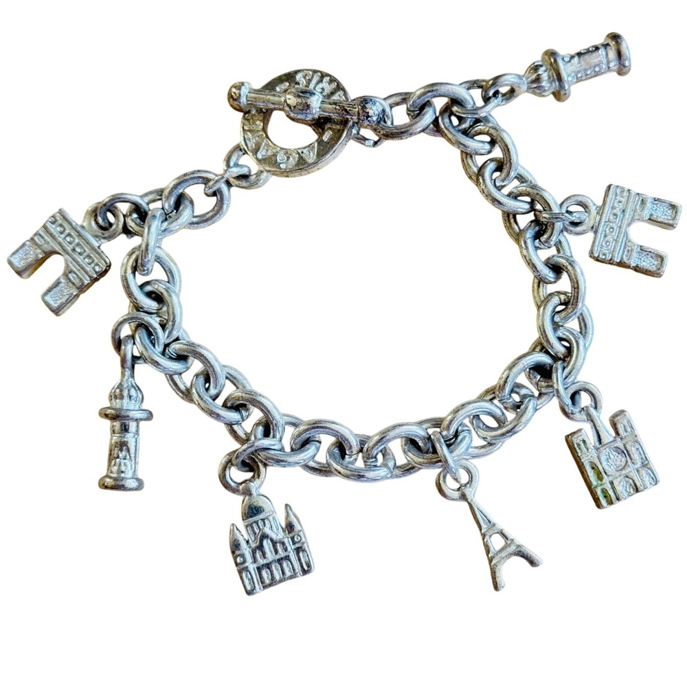 VTG Agatha Paris France Souvenir Charm Dangle Bracelet Silver Chunky Statement